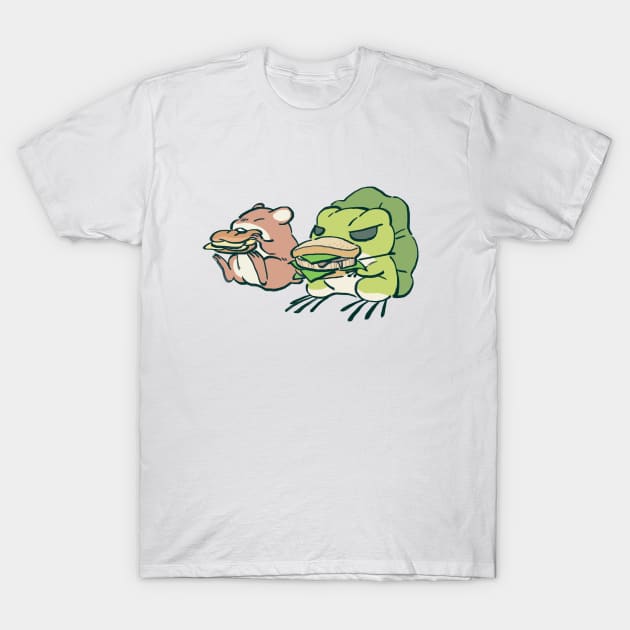 traveling frog eating sandwich lunch with mouse / tabi kaeru T-Shirt by mudwizard